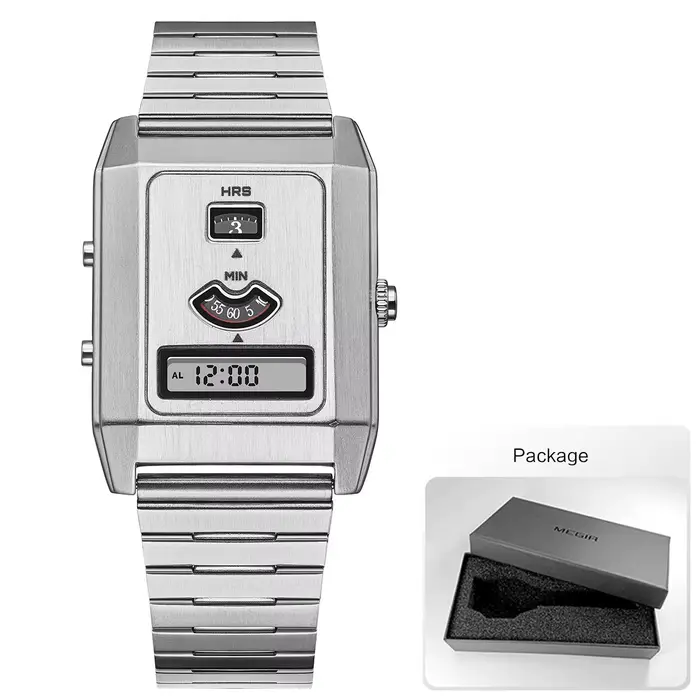 Montre pour hommes avec cadran rectangulaire Tri-affichage alarme rétro-éclairage Quartz mouvement h