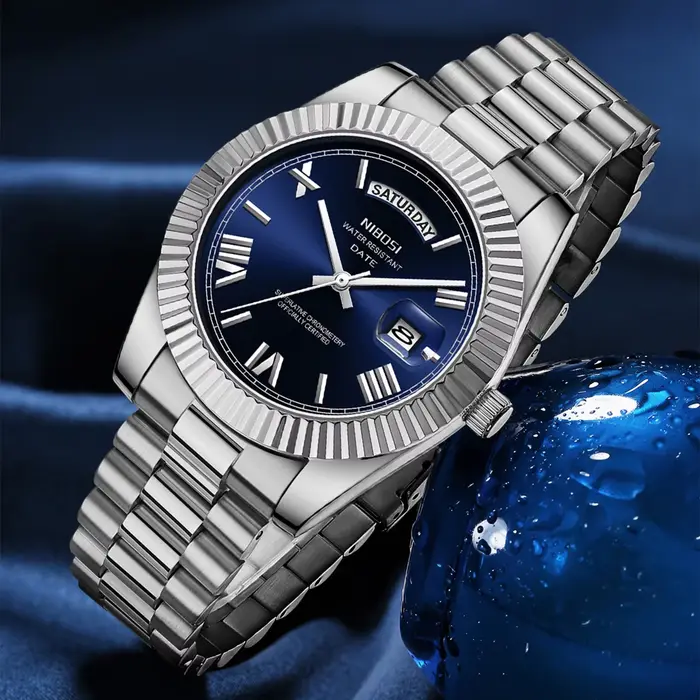 Montre NIBOSI en acier inoxydable à quartz avec affichage lumineux et calendrier complet pour homme style fashion casual occasions spéciales