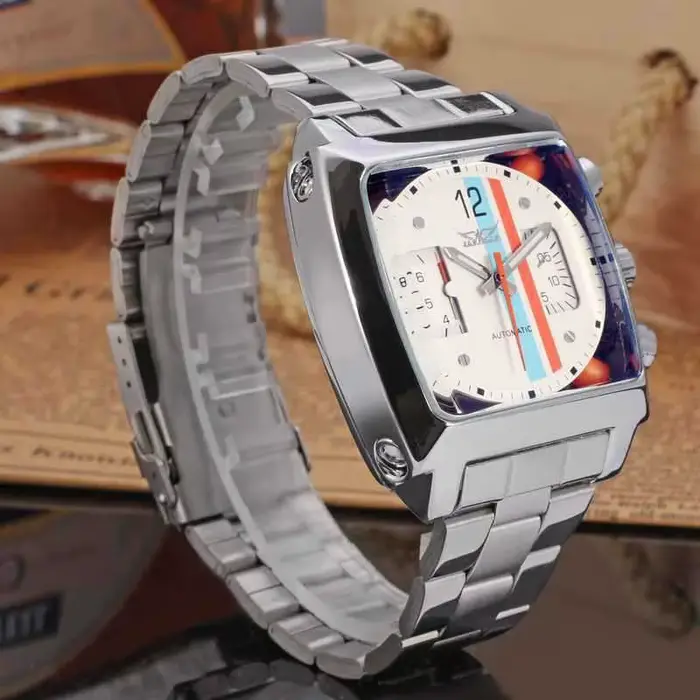 JARAGAR 569 mécanisme d'horloge hommes montre mécanique automatique rétro carré Date semaine étanche bracelet en acier loisirs montre-bracelet