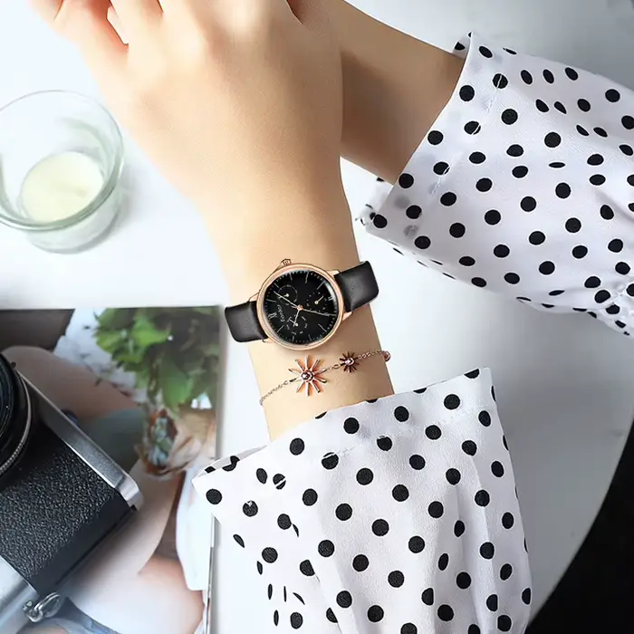 Montre Fantor en laiton et cuir pour femmes, élégante montre-bracelet avec chronographe Quartz pour occasions spéciales