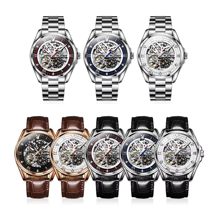 Montre de luxe masculine Playboy 3032 automatique squelette acier inoxydable résistante à l'eau pour hommes affaires décontractées occasions spéciales