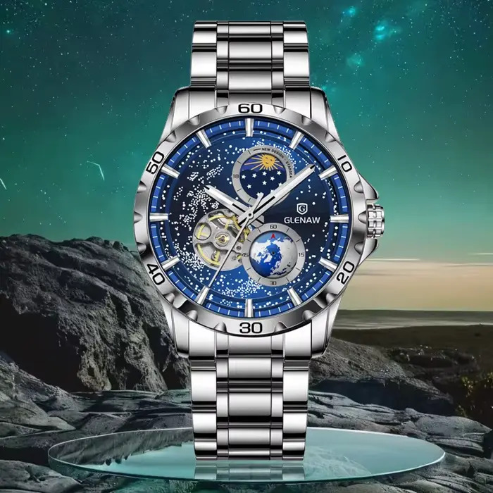GLENAW rotatif terre Double seconde main mécanique montre-bracelet hommes ciel étoilé bracelet en acier inoxydable montre étanche