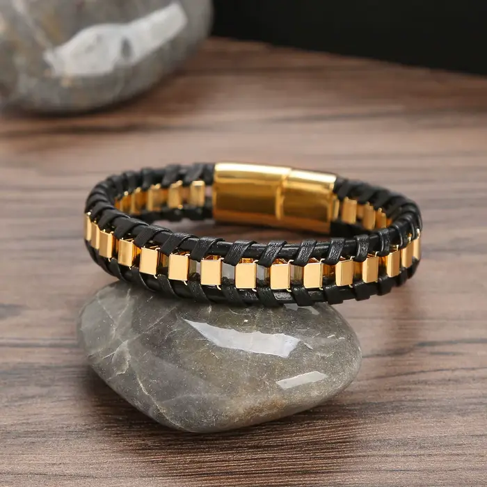Bracelets classiques en cuir et acier inoxydable tissés à la main pour hommes