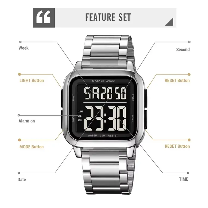 SKMEI 2133 montres numériques mâle alarme Reloj Hombre luxe en acier inoxydable lumière Sport montre de mode hommes 3Bar étanche