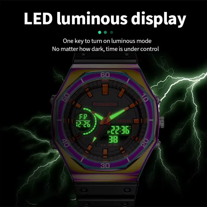 Montres FOXBOX à double affichage pour hommes, design fashion et casual, chronographe à quartz, grand cadran, bracelet en silicone, résistante à l'eau, idéale pour les activités sportives et les sorties décontractées