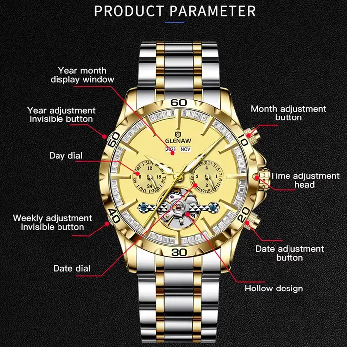 Montre mécanique étanche en acier inoxydable pour homme