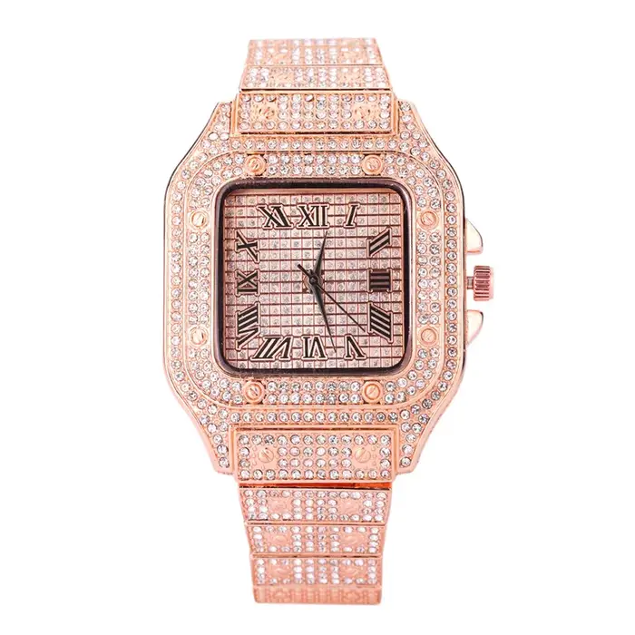 Montre à Quartz carrée entièrement en diamant pour hommes et femmes, luxueuse bracelet en acier inox