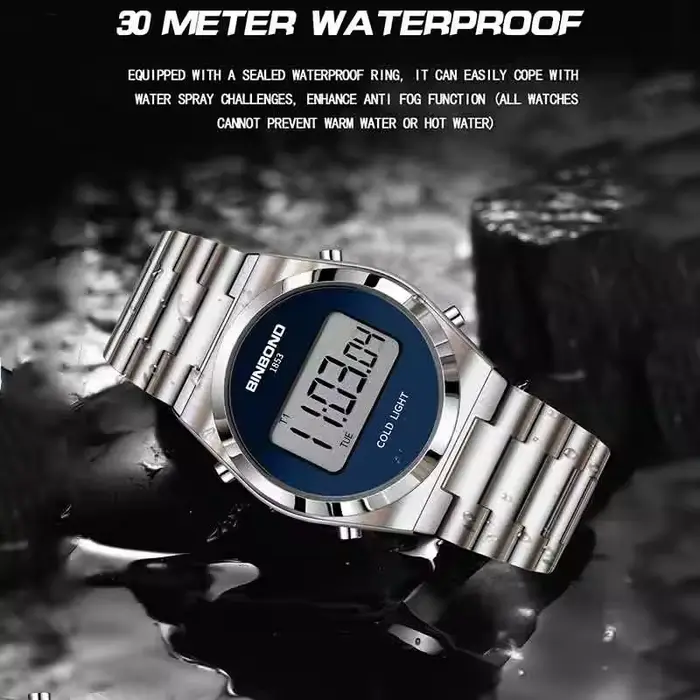 BINBOND montre de sport numérique pour hommes de luxe en acier inoxydable électronique étanche