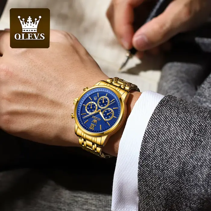 OLEVS or bleu montres pour hommes Date chronographe petit cadran conception exclusive luxe affaires étanche montre-bracelet en acier inoxydable