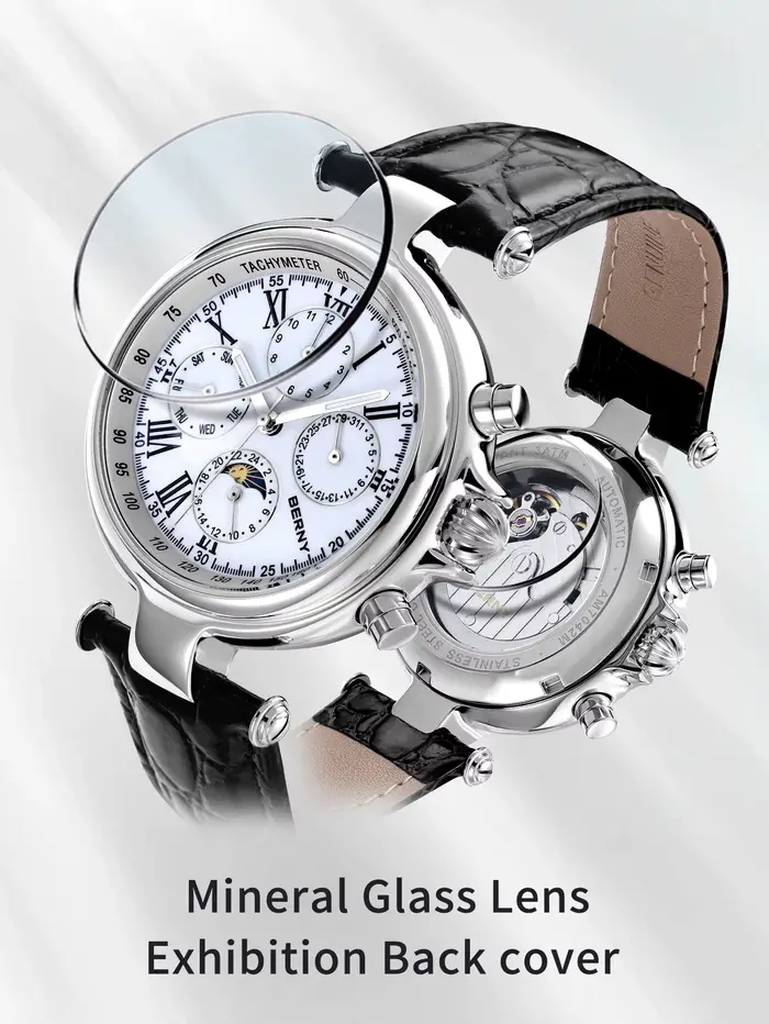 Montre automatique homme BERNY avec mouvement automatique à remontage automatique et bracelet en cuir pour occasions sportives et élégantes