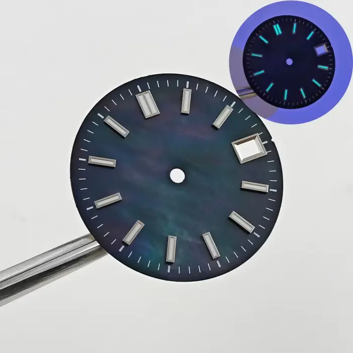 Cadran de montre coloré en nacre de 28,5 mm sans logo, luminescence bleue, pour mouvement automatiqu