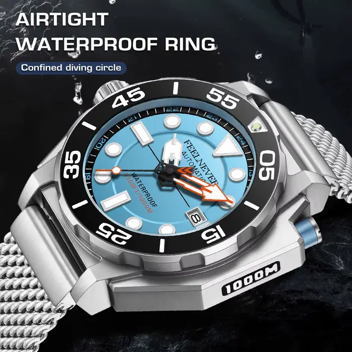 Montre homme FeelNever avec mouvement automatique, résistance à l'eau 1000m, calendrier complet et design robuste acier inoxydable pour toutes les occasions