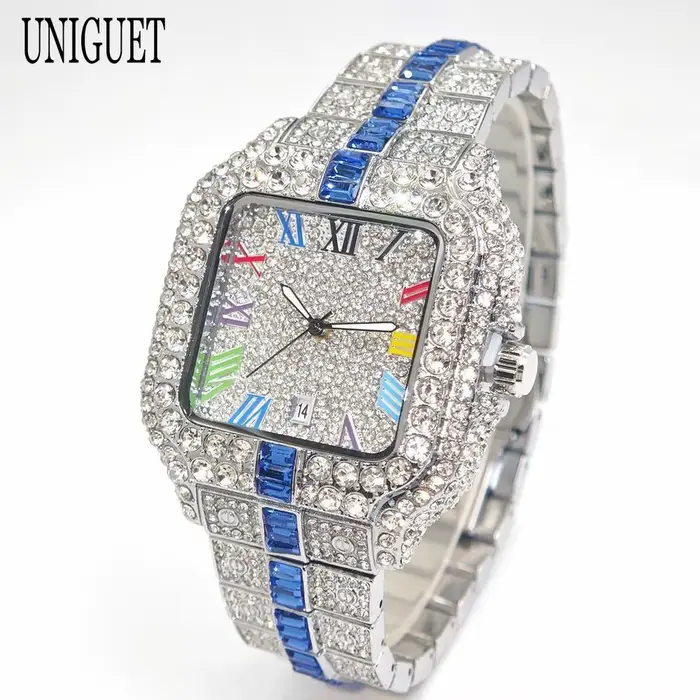 2025 marque de luxe hommes montre à Quartz mode arc-en-ciel numérique Rome cadran calendrier étanche Hip Hop diamant montre-bracelet pour homme cadeau