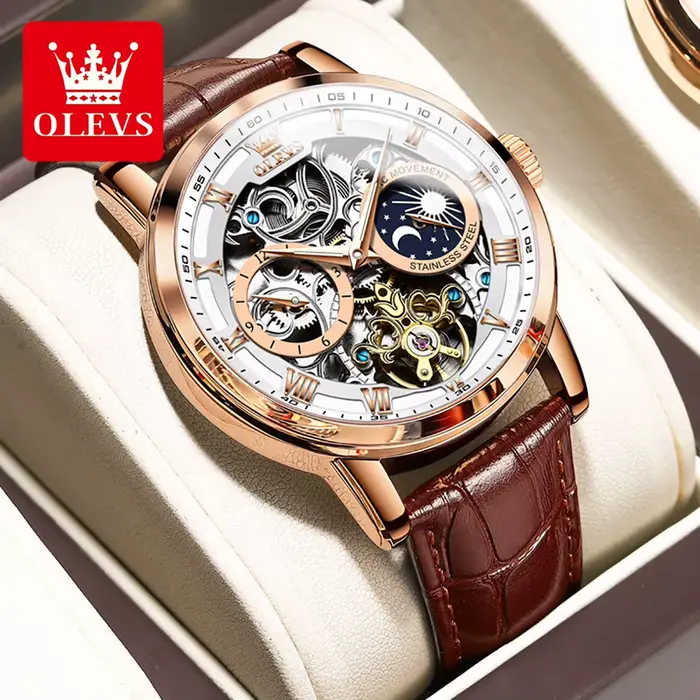 Montre automatique pour homme OLEVS 6670, design squelette, bracelet en cuir, phase lunaire, étanche
