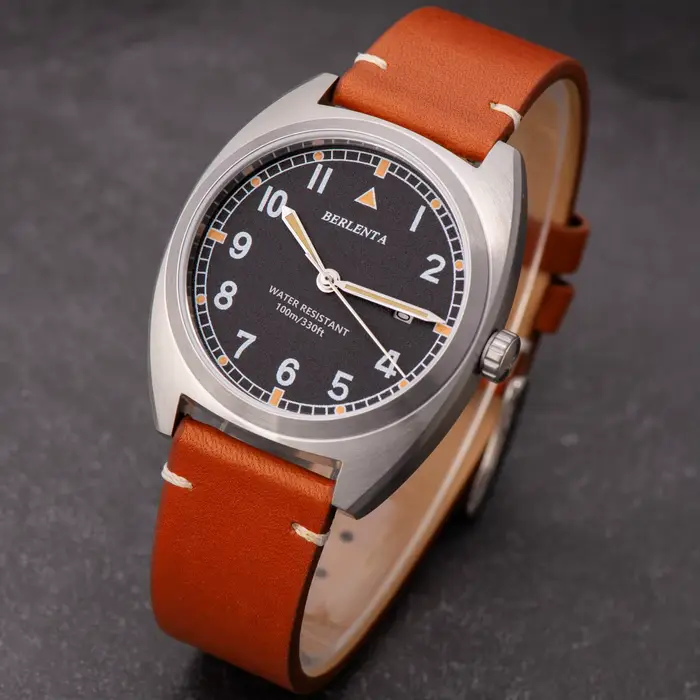 Montre Berlenta Vendange en acier 316L avec bracelet en cuir pour hommes résistante à l'eau pour diverses occasions spéciales