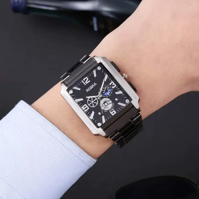 Hommes montres en acier mode élégant cadran rectangulaire