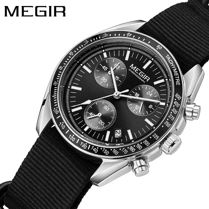 Nouvelle montre sport noire chronographe MEGIR résistante à l'eau avec calendrier complet et lunette luminescente pour homme occasions spéciales