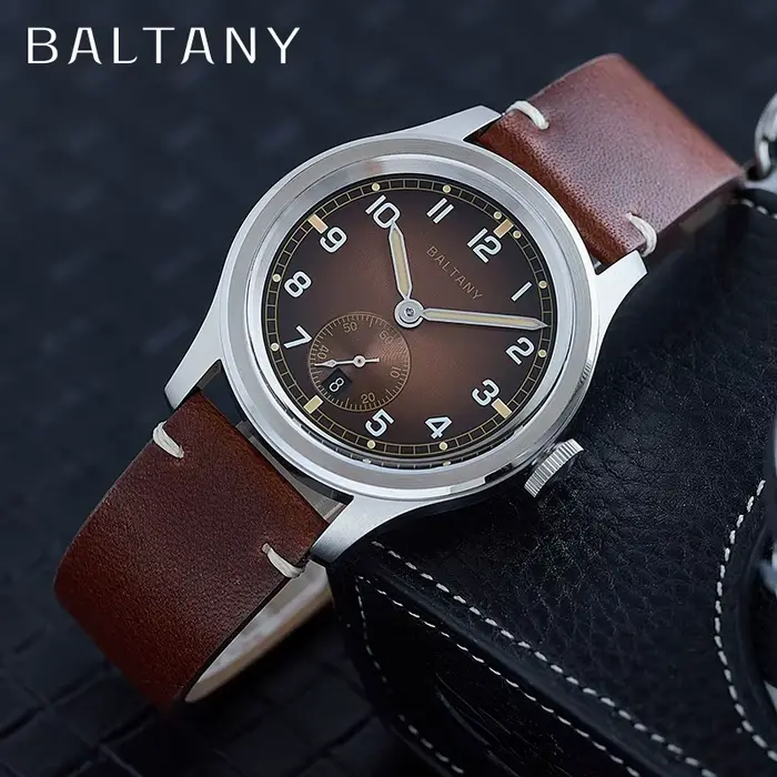 Baltany rétro WW2 montre-bracelet militaire S2081 cadran marron progressif 100ATM ST1731 mouvement 39MM sale douzaine hommage champ montre hommes