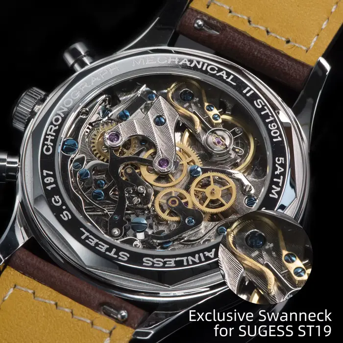 Sugess montre pour hommes chronographe montres mécaniques Tianjin ST19 mouvement à col de cygne pilote