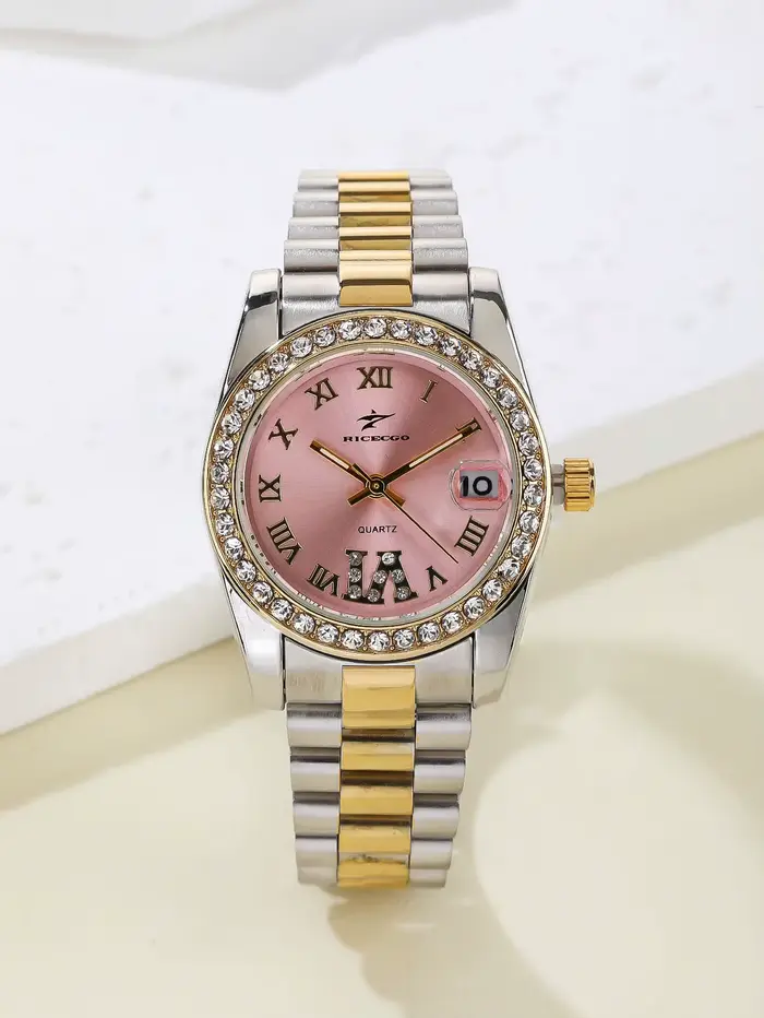 Montre à quartz de luxe pour femme, bracelet en acier inoxydable bicolore, lunette sertie de strass,