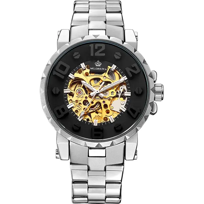 ORKINA montres pour hommes de luxe haut de gamme en acier inoxydable noir 3ATM étanche automatique auto-vent squelette