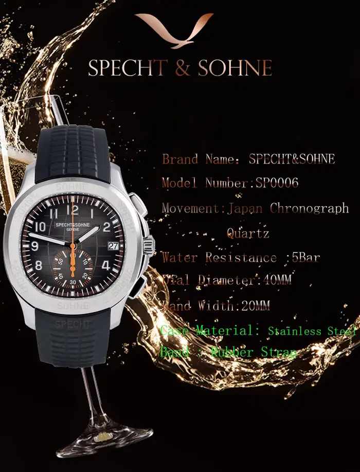 Montre Specht & Söhne en acier inoxydable avec bracelet en caoutchouc, résistante à l'eau, mouvement à quartz, chronographe, pour homme, sport, luxe, polyvalente, occasions spéciales