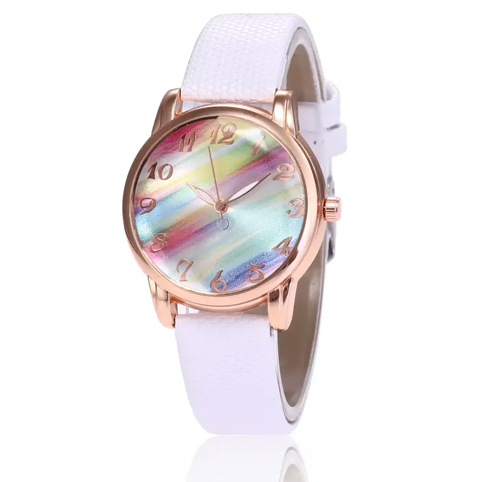 Femmes mode arc-en-ciel Montre bracelet en cuir Montre-bracelet décontracté dames Montre femmes mont