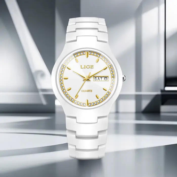 LIGE céramique hommes montres calendrier étanche femmes