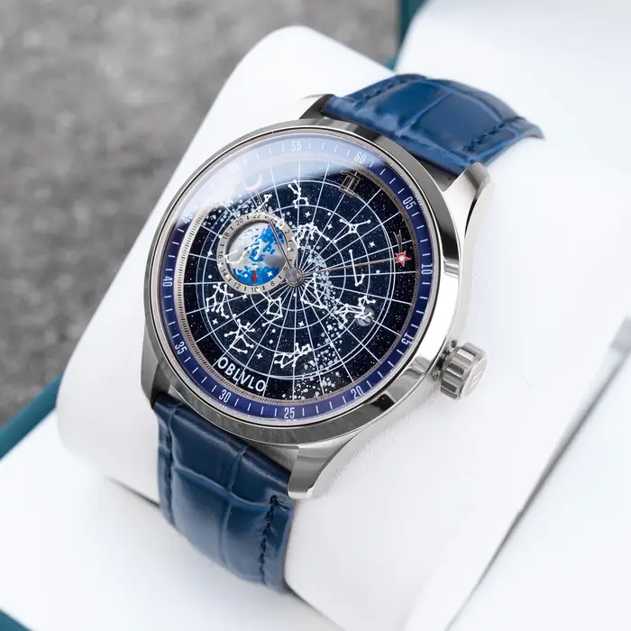 OBLVLO montre mécanique de luxe pour hommes en or Rose cadran noir lumineux avec lunette en cristal bracelet en cuir terre étoile horloge automatique GC