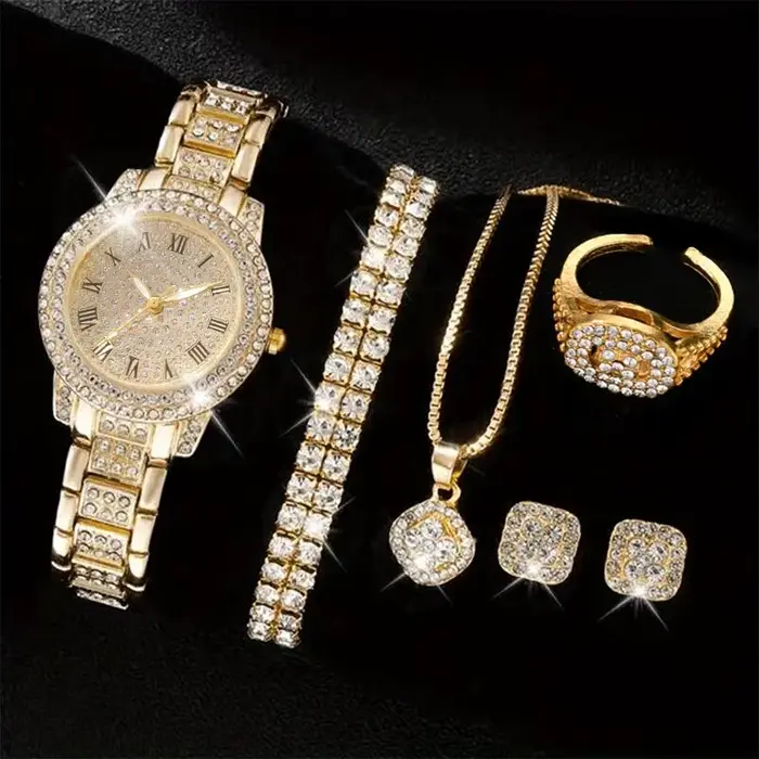 6PCS femmes montre de luxe élégant alliage montre-bracelet en cristal pour dames cadeau