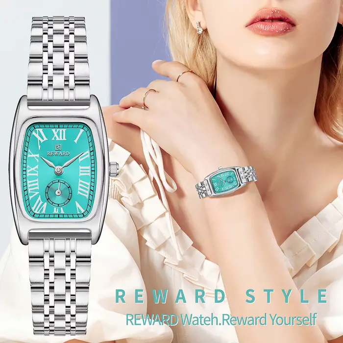 Montre REWARD en acier inoxydable pour femme avec mouvement quartz rectangle élégante résistante à l'eau et lumineuse pour occasions spéciales