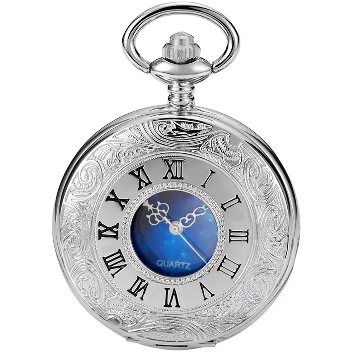 JOMen-Montre de Poche à Quartz Vintage en Argent, Design Étoilé Bleu Creux, Chiffre Romain