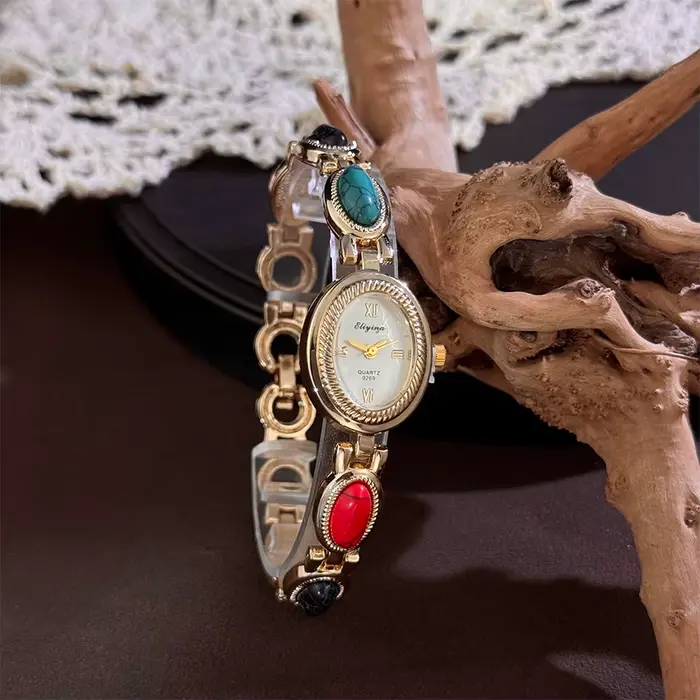 Montre à Quartz pour Femmes avec Pierres Précieuses Colorées Bracelet en Alliage de Lithium Textures Ovales Vintage Style Court Français Occasions Spéciales
