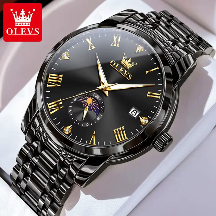 Montre homme OLEVS 3656, montre à quartz classique originale pour homme, phase lunaire, étanche, aci