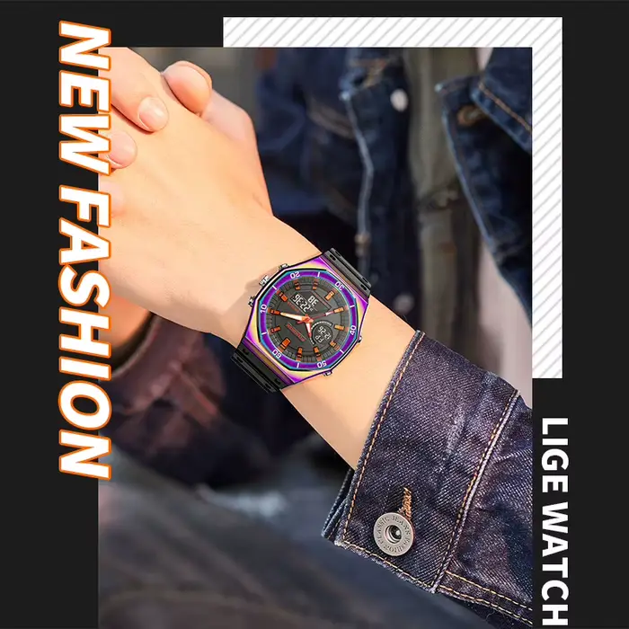 Montres FOXBOX à double affichage pour hommes, design fashion et casual, chronographe à quartz, grand cadran, bracelet en silicone, résistante à l'eau, idéale pour les activités sportives et les sorties décontractées