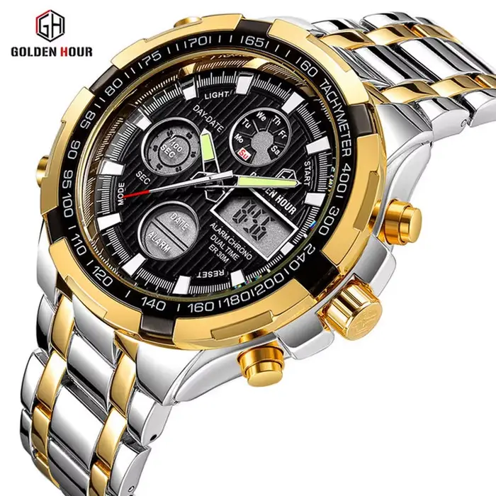 GOLDEN HOUR Top marque de luxe hommes montres affaires Quartz décontracté double affichage montre lumineuse avec Chronoraph Date montre-bracelet