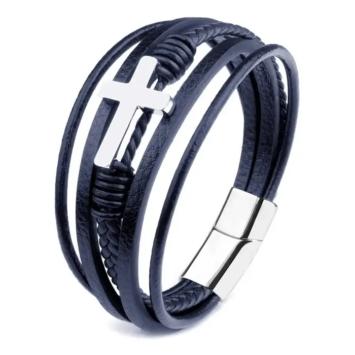 HNSP – Bracelet en cuir et métal croisé pour hommes, accessoires de bijoux
