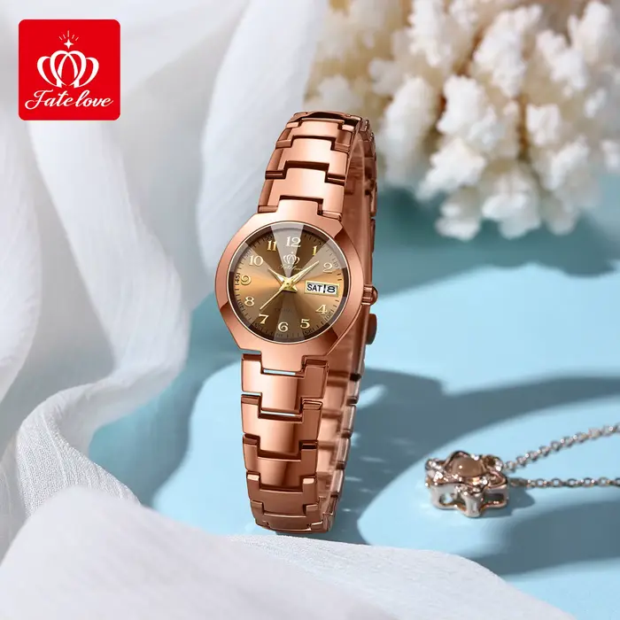 Montre FATELOVE 818 en acier au tungstène avec affichage double calendrier et jour de la semaine pour femmes occasions spéciales