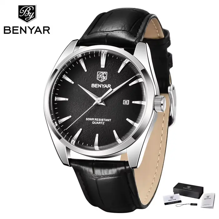 Montre en cuir Benyar 5163 Quartz étanche pour hommes avec boucle ardillon et calendrier complet style militaire occasionnels spéciaux