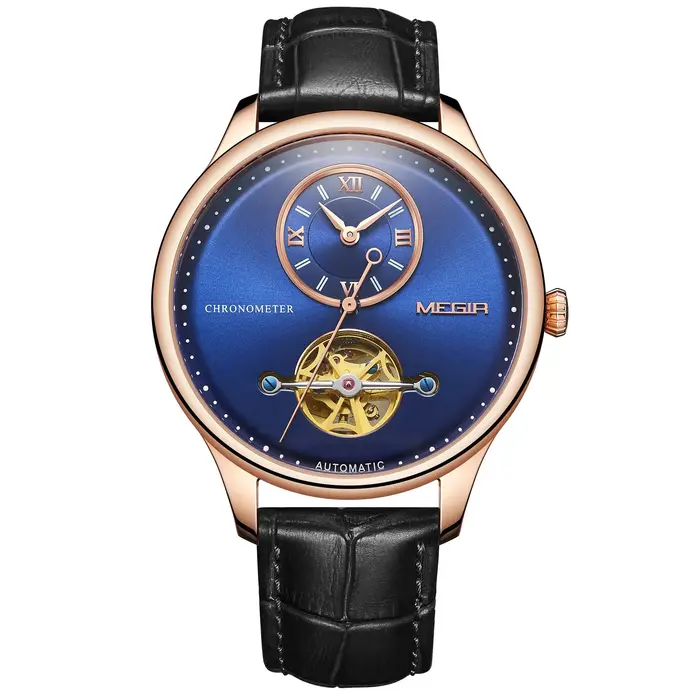 Montres mécaniques horloge multifonction Montre Homme cuir mouvement automatique 5 ATM étanche montre-bracelet creuse Megir 62070