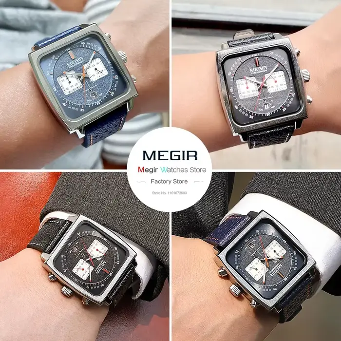 MEGIR 2182 cadran carré montre à Quartz pour hommes mode et élégant Date d'affaires chronographe bleu noir bracelet en