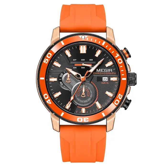 Montre de sport chronographe avec bracelet en silicone orange pour homme, résistante à l'eau, date automatique, calendrier complet, idéale pour les occasions sportives et spéciales