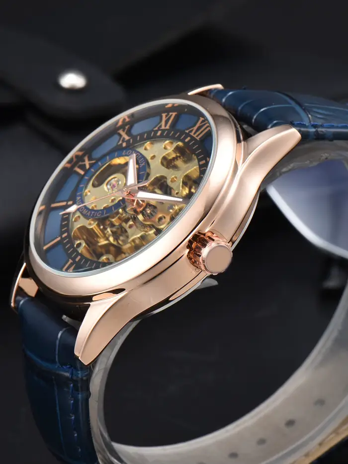 Montre automatique de luxe pour hommes, montres mécaniques rome, squelette étanche, cuir noctilucent