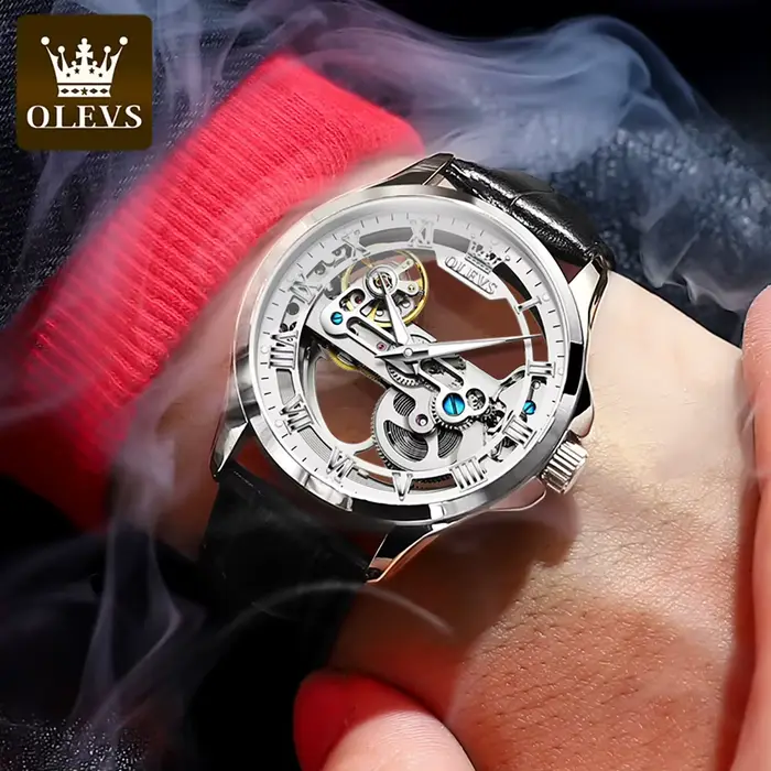 OLEVS 6661 montre homme automatique entièrement creuse bracelet en cuir de mode étanche horloge à main lumineuse montres mécaniques pour hommes