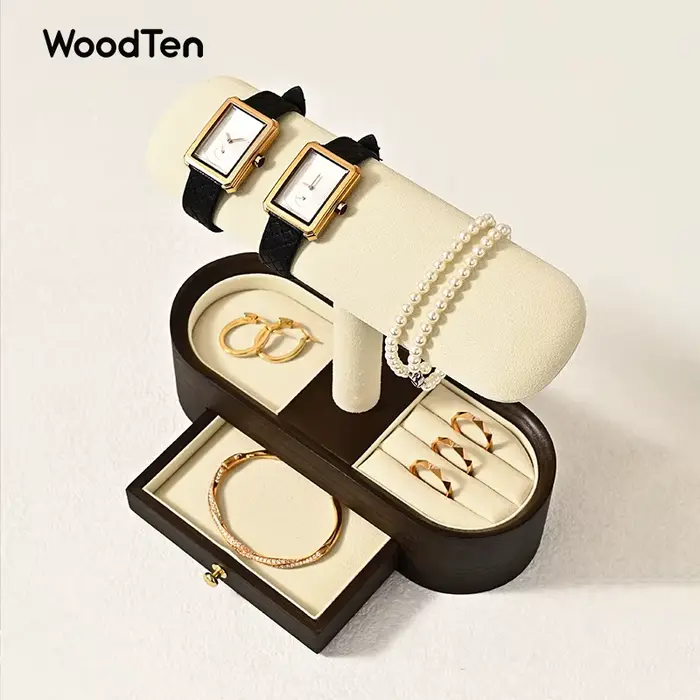 Présentoir de montre en bois massif avec tiroirs Double couche