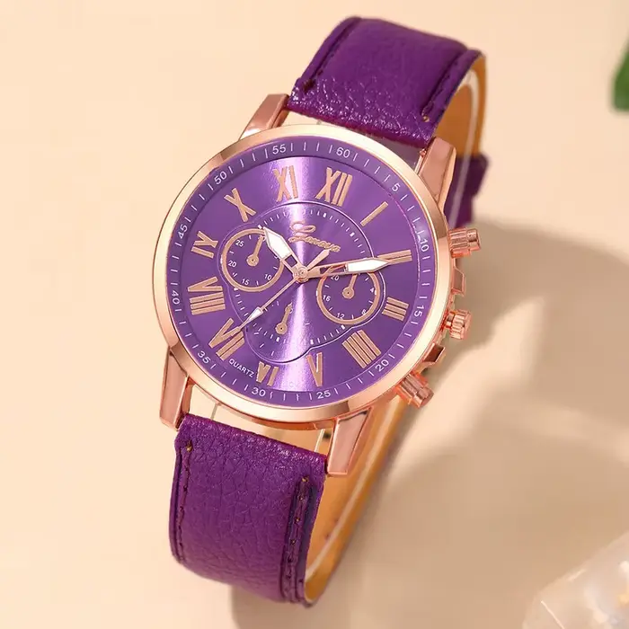 Reloj Mujer Mode Femmes Montres Dames Violet En Cuir Quartz Montre-Bracelet