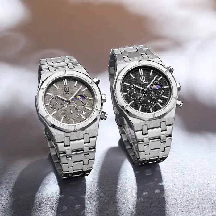 Montre chronographe phase de lune acier inoxydable résistante à l'eau pour hommes avec date mouvement quartz occasions spéciales
