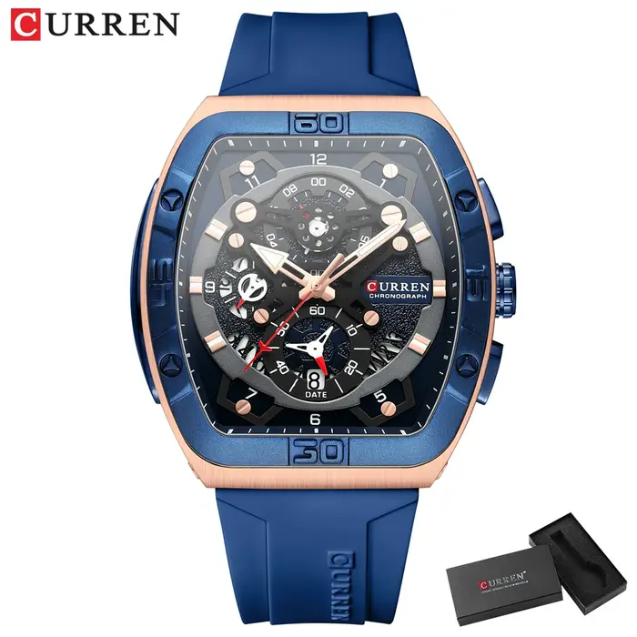 Montre chronographe Curren design de boîtier tonneau avec bracelet en silicone sport quartz rouge et noir pour homme occasions spéciales