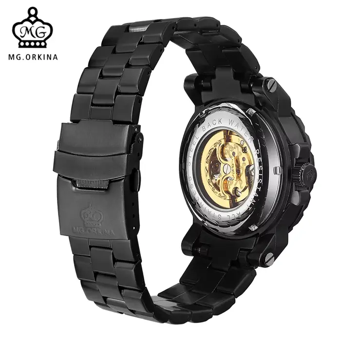 ORKINA montres pour hommes de luxe haut de gamme en acier inoxydable noir 3ATM étanche automatique auto-vent squelette