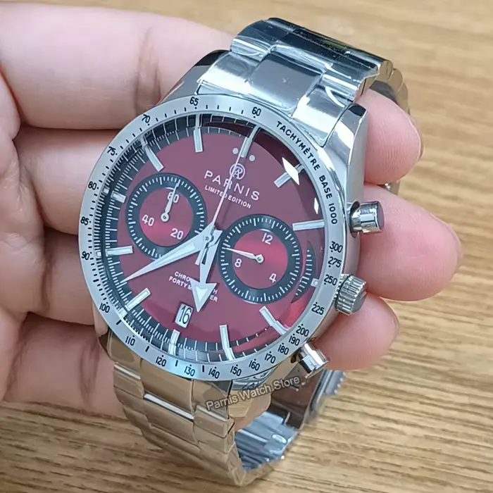 Parnis 40mm cadran rouge Quartz chronographe montre pour hommes bracelet en acier inoxydable